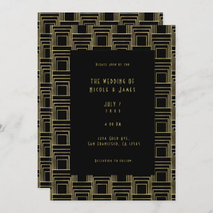 Invitation Mariage rétro élégant et géométrique Gold Black Ar