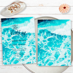 Invitation Mariage Rétro Été Bleu Océan Mousses Plage