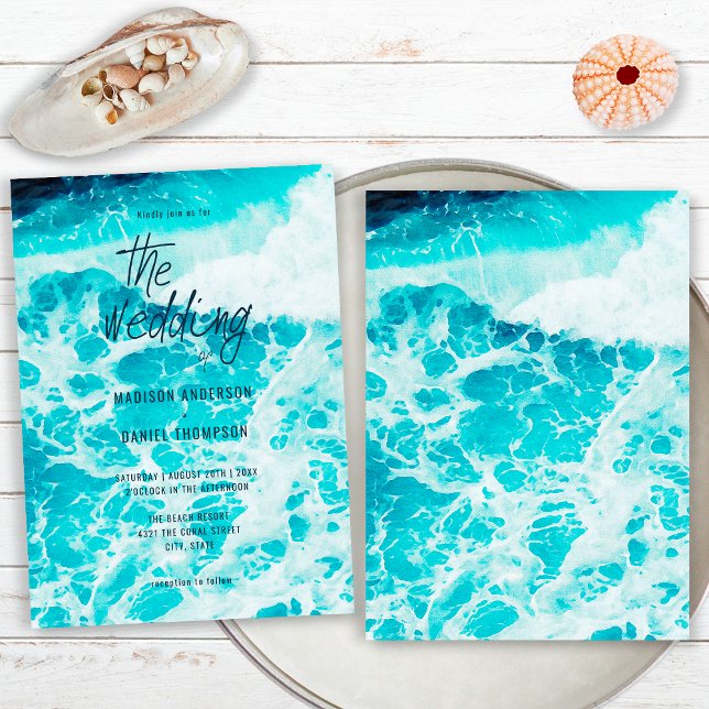 Invitation Mariage Rétro Été Bleu Océan Mousses Plage (Créateur téléchargé)
