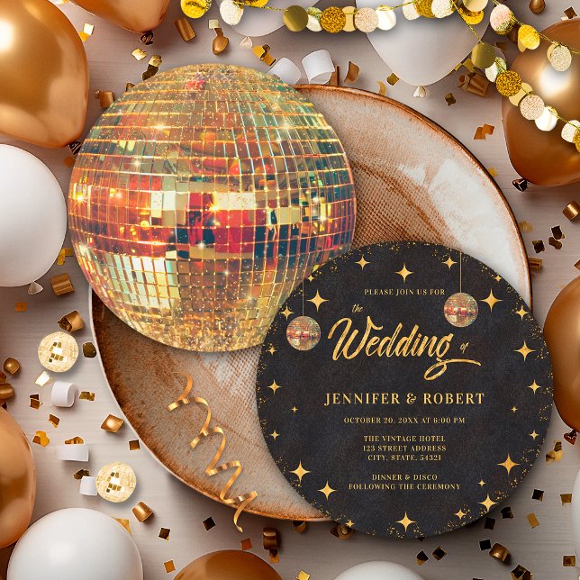 Invitation Mariage Rétro Étoiles Boule Disco Paillettes Noir  (Créateur téléchargé)