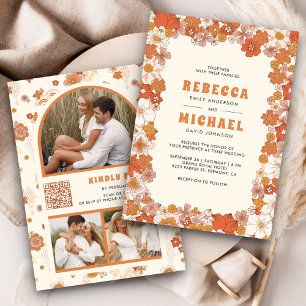 Invitation Mariage rétro fleuri sauvage groovy orange crème