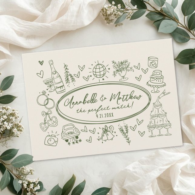 Invitation Mariage Rétro Funky Fait Main Correspondances (Hand Drawn Handwritten Funky Retro Wedding Matches Invitation )