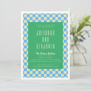 Invitation Mariage Retro Green et Blue Checkerboard