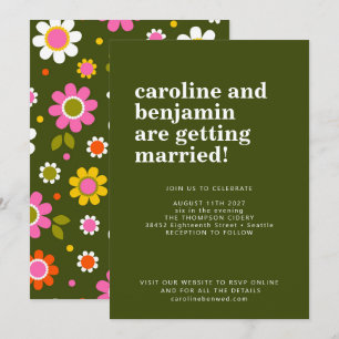 Invitation Mariage rétro groovy années 60 Fleurs Vert foncé G