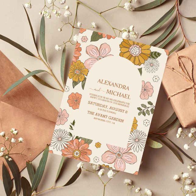 Invitation Mariage Rétro Groovy Années 70 Tons Assourdis  (Créateur téléchargé)