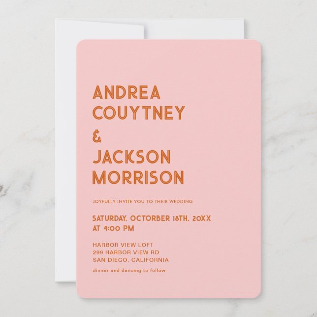 Invitation Mariage Rétro Groovy Rose Rouge Orange 70s (Devant)