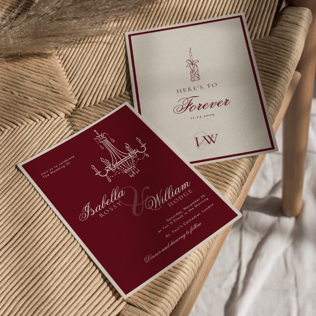 Invitation Mariage rétro intemporel rouge profond à l'ancienn (Créateur téléchargé)