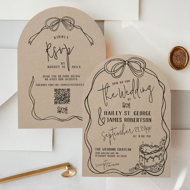 Invitation Mariage rétro KRAFT bohème moderne à arc tiré dess (Rustic kraft and black simple hand drawn whimsical quirky coquette bow frame modern wedding invite)