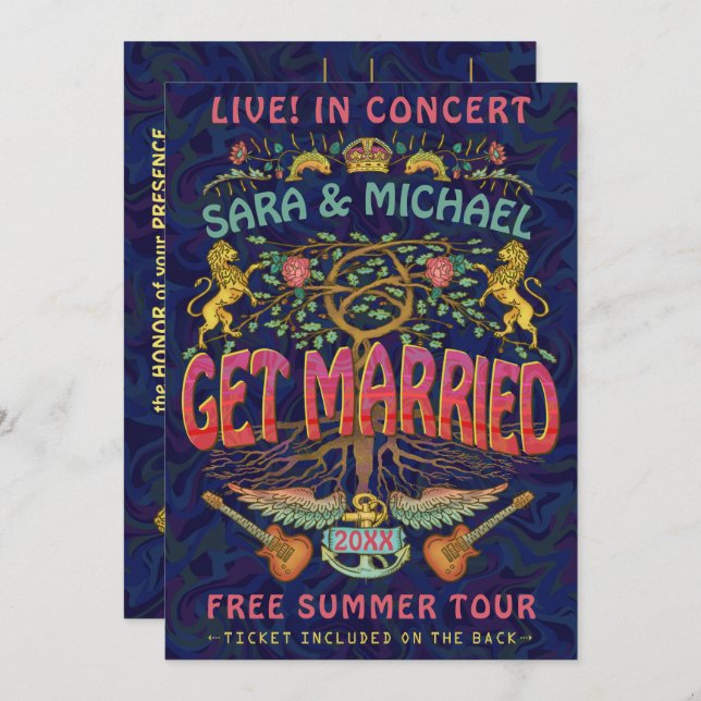 Invitation Mariage Retro les années 70 Band Concert Thème de  (Devant / Derrière)