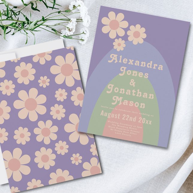 Invitation Mariage Retro les années 70 Super Pastel (Retro 70s vintage daisy arch pastel wedding invitation )