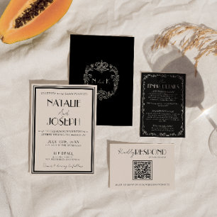 Invitation Mariage Rétro Luxe Argent Noir Élégant de Vieux Ar