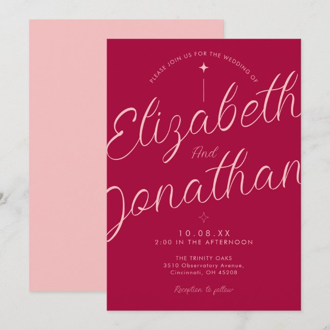Invitation Mariage rétro moderne gras écriture rose Fuchsia (Devant / Derrière)
