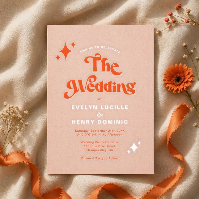 Invitation Mariage Rétro Moderne Groovy Script Orange Douce (Créateur téléchargé)