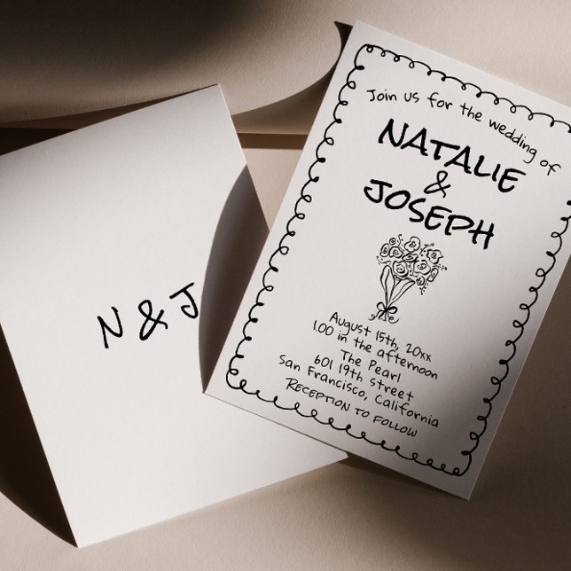 Invitation Mariage Rétro Noir Blanc Dessiné à la Main Drôle e (Créateur téléchargé)
