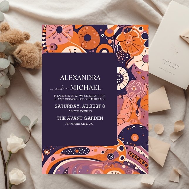 Invitation Mariage rétro orange blush rose violet groovy (Créateur téléchargé)