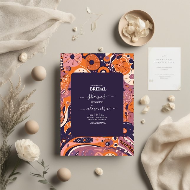 Invitation Mariage rétro orange blush rose violet groovy (Créateur téléchargé)