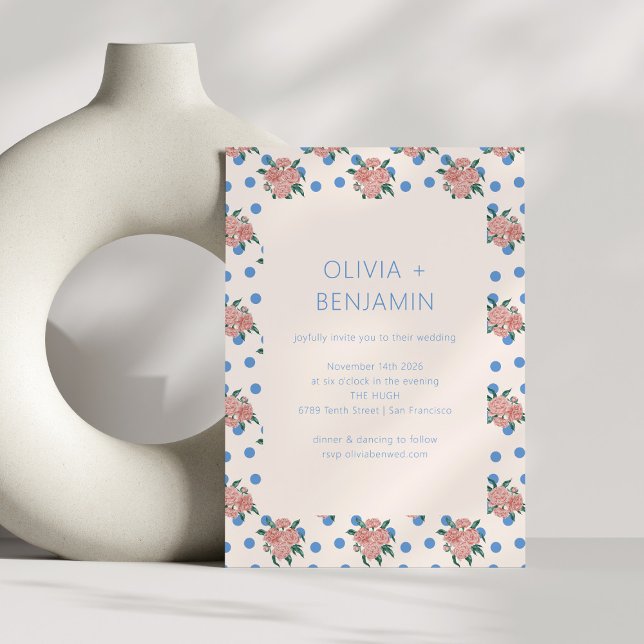 Invitation Mariage Retro Peony Floral Garden Blue Dots (Créateur téléchargé)