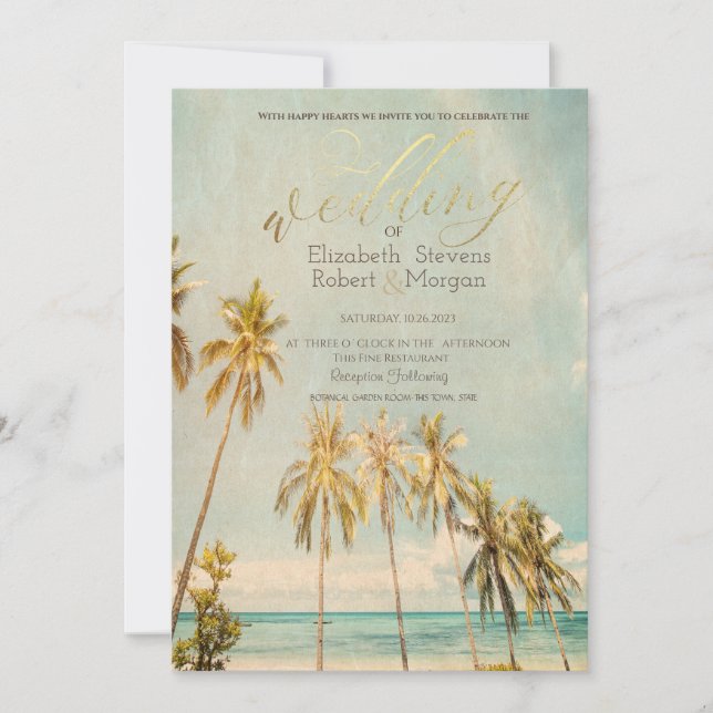 Invitation Mariage Rétro Plage Palmiers  (Devant)