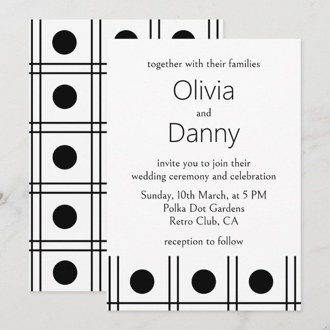 Invitation Mariage rétro Polka noir et blanc (Devant / Derrière)