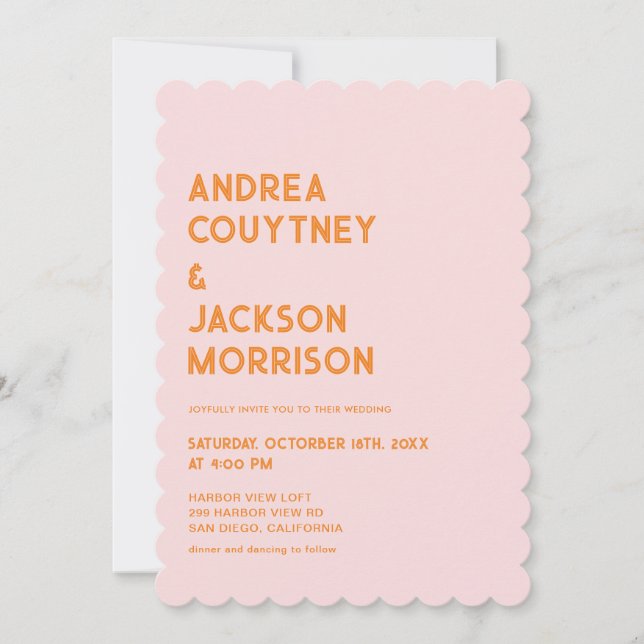 Invitation Mariage Rétro Rose et Orange d'Été (Devant)