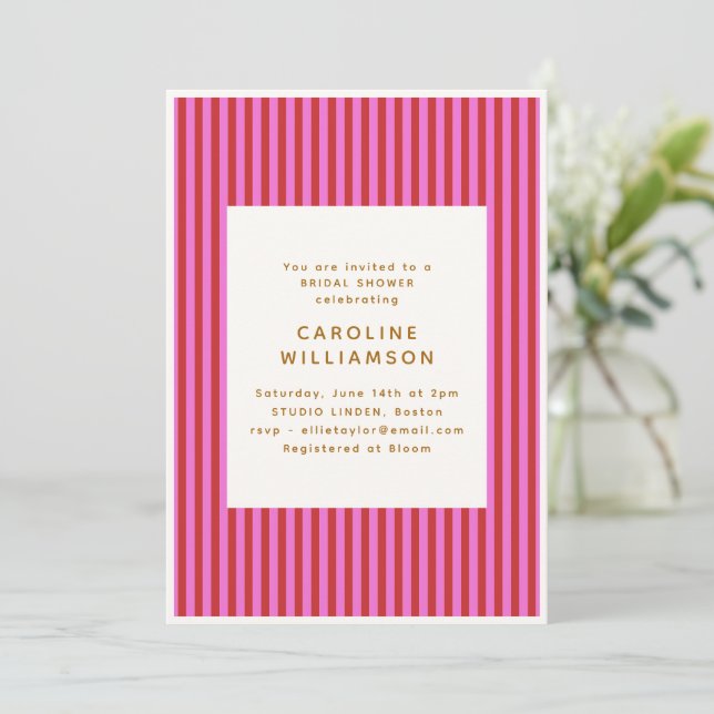 Invitation Mariage rétro rose rouge rayé Shower de mariage es (Debout devant)
