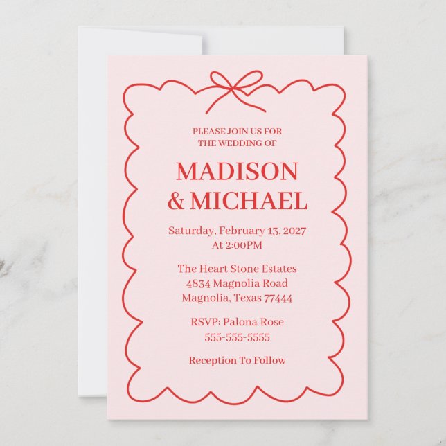 Invitation Mariage Rétro Saint-Valentin Rouge Rose (Devant)