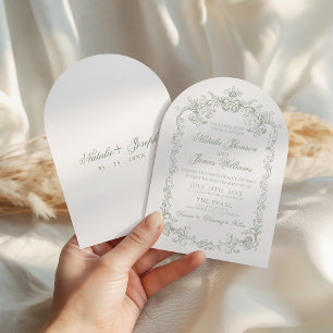 Invitation Mariage Rétro Vert Sauge Ancien Argent Arqué