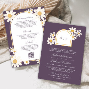 Invitation Mariage Rétro Violet Poussiéreux Jaune Daisy Tout