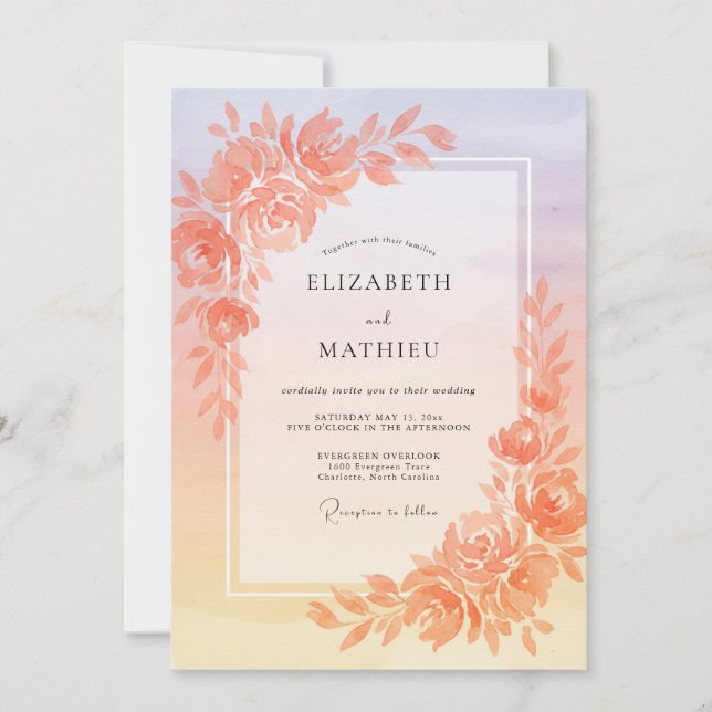 Invitation Mariage Rêvé au Coucher de Soleil aux Pêches (Devant)