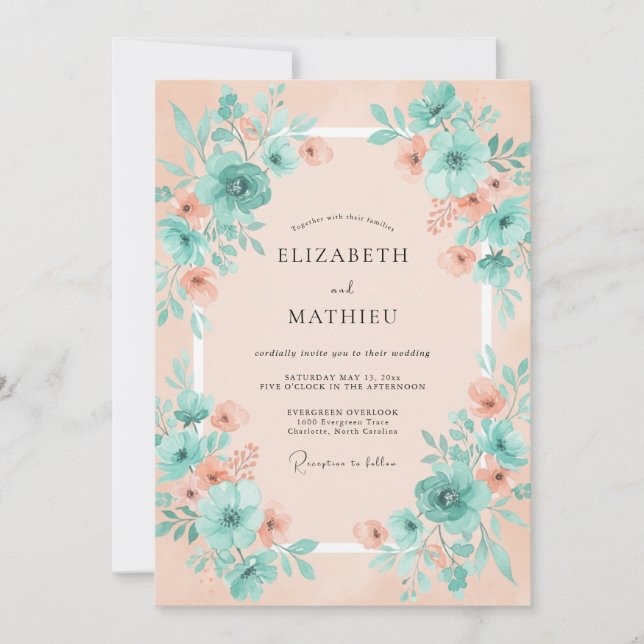 Invitation Mariage rêvé floral turquoise pêche (Devant)