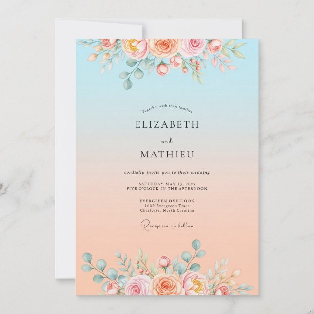 Invitation Mariage Rêveur de Coucher de Soleil Bleu Ciel (Devant)