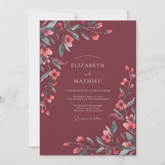 Invitation Mariage Rêveur Fleurissant Rouge (Devant)