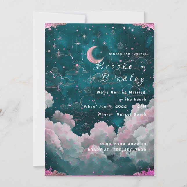 Invitation Mariage Rêveur Lune & Étoiles Turquoise (Devant)