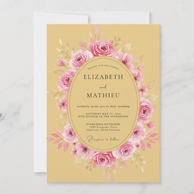 Invitation Mariage Rêveur Rose Jaune Moutarde (Devant)