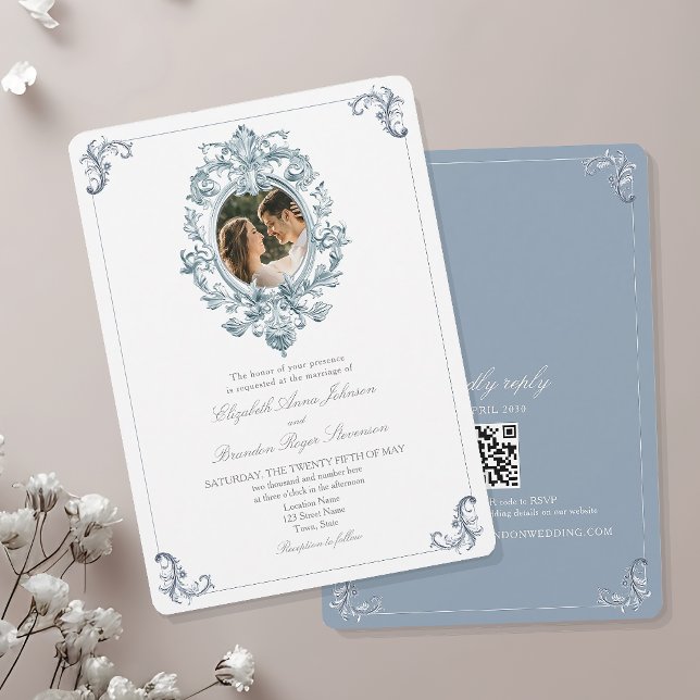 Invitation Mariage Rococo Français Bleu Poussiéreux (Créateur téléchargé)