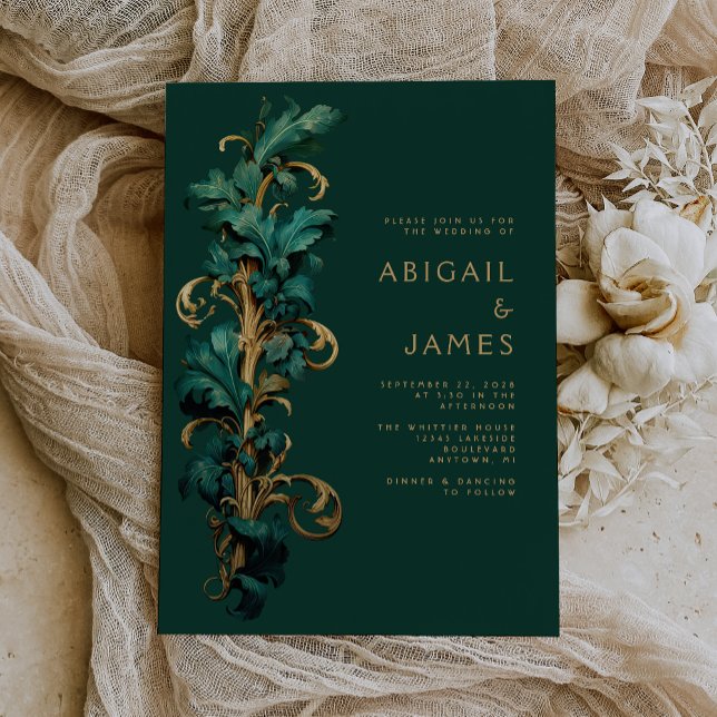 Invitation Mariage Rococo Orné de Feuillage Vert Émeraude et  (An ideal choice for an emerald green and gold vintage themed wedding.)