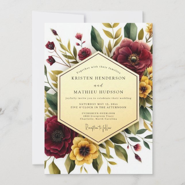 Invitation Mariage Romance Automnal aux Fleurs Bordeaux (Devant)