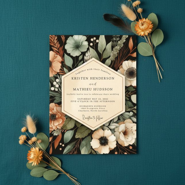 Invitation Mariage Romance Automnal Fleur Vert Profond (Créateur téléchargé)