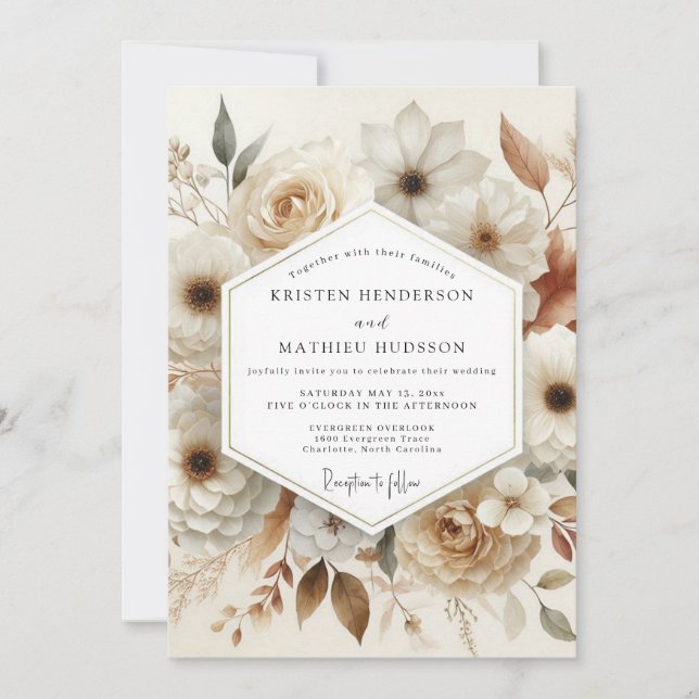 Invitation Mariage Romance Bloom Crème (Devant)