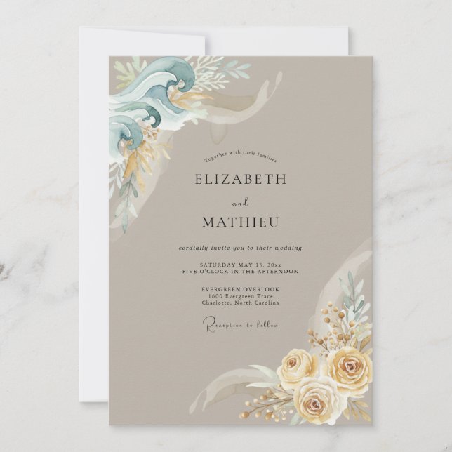 Invitation Mariage Romance Botanique Côtière Sarcelle (Devant)