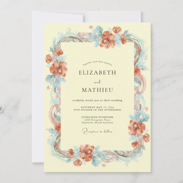 Invitation Mariage Romance Botanique Délicat Corail (Devant)