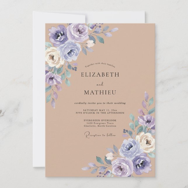 Invitation Mariage Romance Botanique Rose Lavande (Devant)