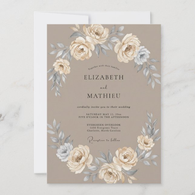 Invitation Mariage Romance Botanique Taupe Rose (Devant)