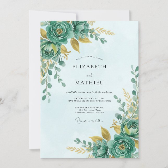 Invitation Mariage Romance Botanique Teal Bloom (Devant)