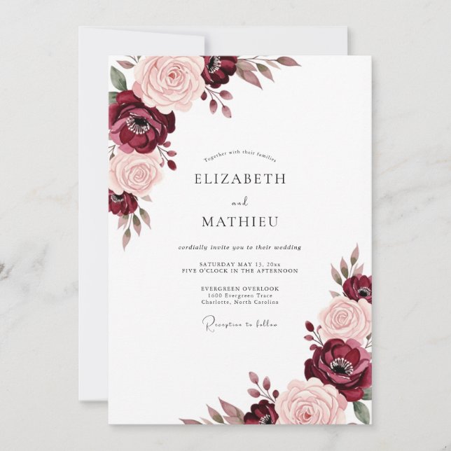 Invitation Mariage Romance Bourguignon aux Roses (Devant)
