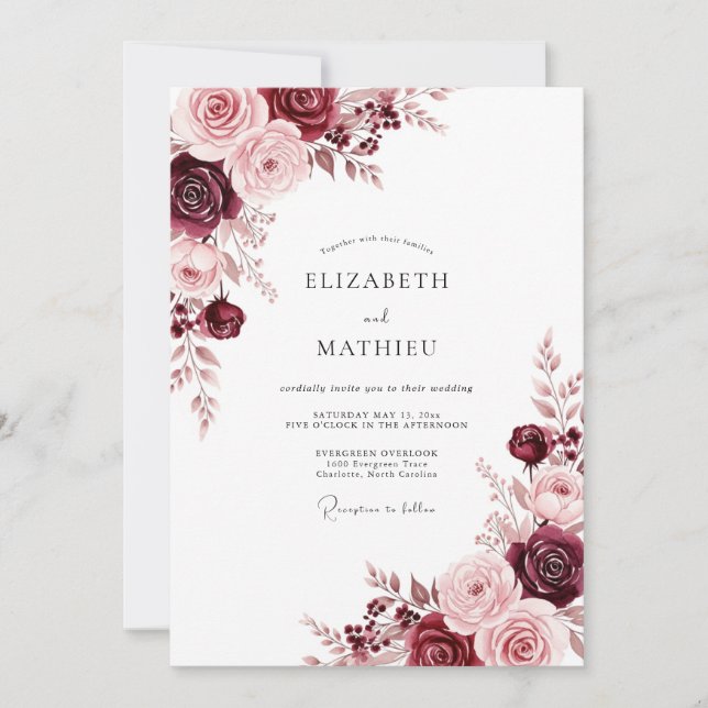 Invitation Mariage Romance Bourguignonne en Fleurs (Devant)