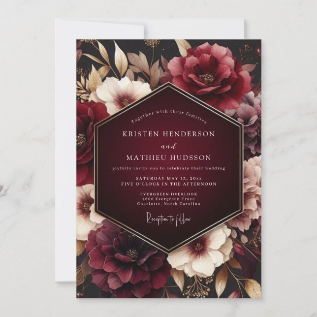 Invitation Mariage Romance Burgundy Fleur Épanouie (Devant)