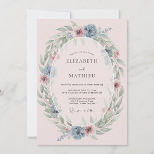 Invitation Mariage Romance Couronne Bleu Poussiéreux