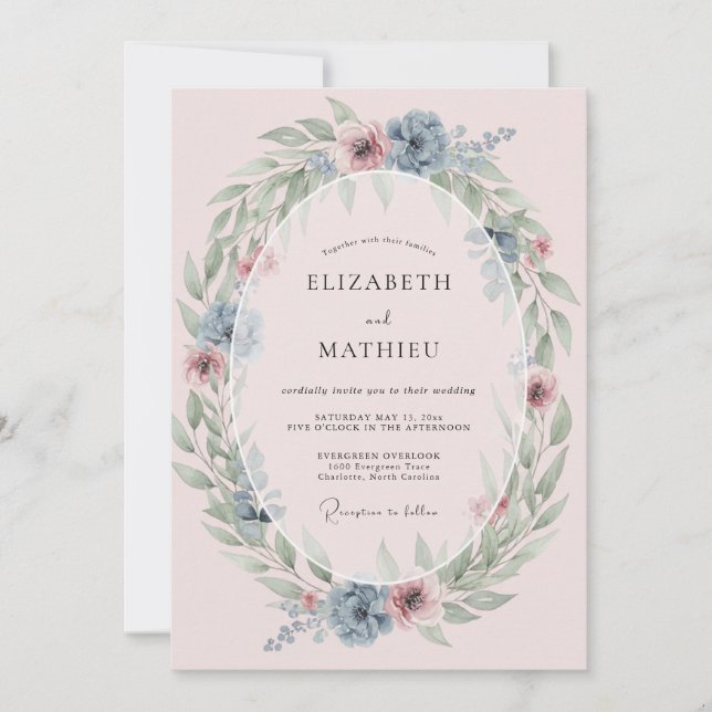 Invitation Mariage Romance Couronne Bleu Poussiéreux (Devant)