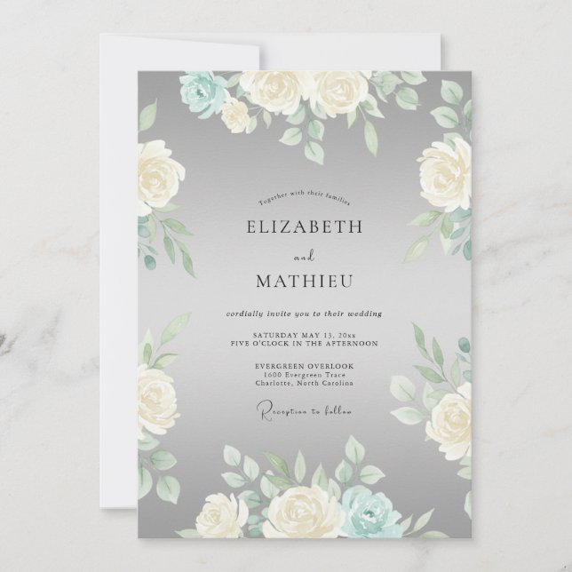 Invitation Mariage Romance Crème Fleur Gris (Devant)